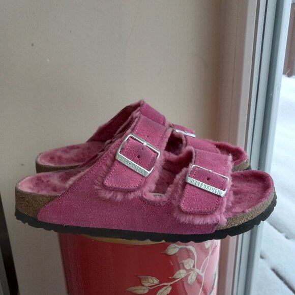 Birkenstock Shoes - Birkenstock Arizona Pink Shearling Suede Sandals Size 39 US 8 - 8.5